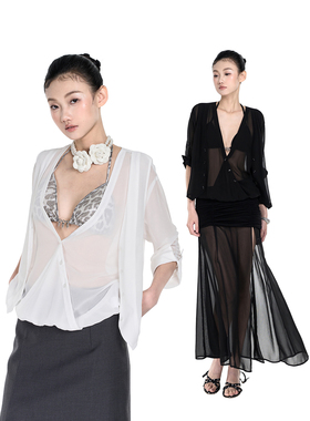 PEMPL·夏V领微透网纱假两件宽松显瘦上衣黑白双色高级感长袖衬衫
