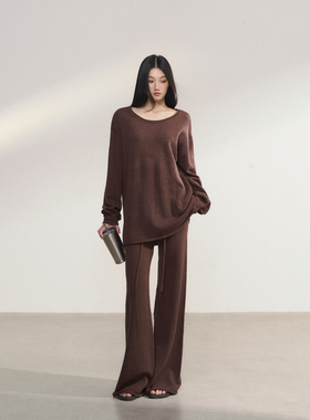 PEMPL·慵懒风休闲宽松斜肩圆领两穿针织罩衫女低腰直筒长裤套装