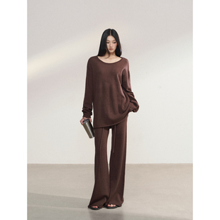 PEMPL·慵懒风休闲宽松斜肩圆领两穿针织罩衫女低腰直筒长裤套装