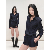 PEMPL·藏青色高级感轻职场上衣女正肩纹理宽松长袖 套装 衬衫 短裤