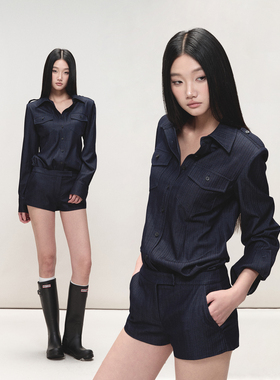 PEMPL·藏青色高级感轻职场上衣女正肩纹理宽松长袖衬衫短裤套装