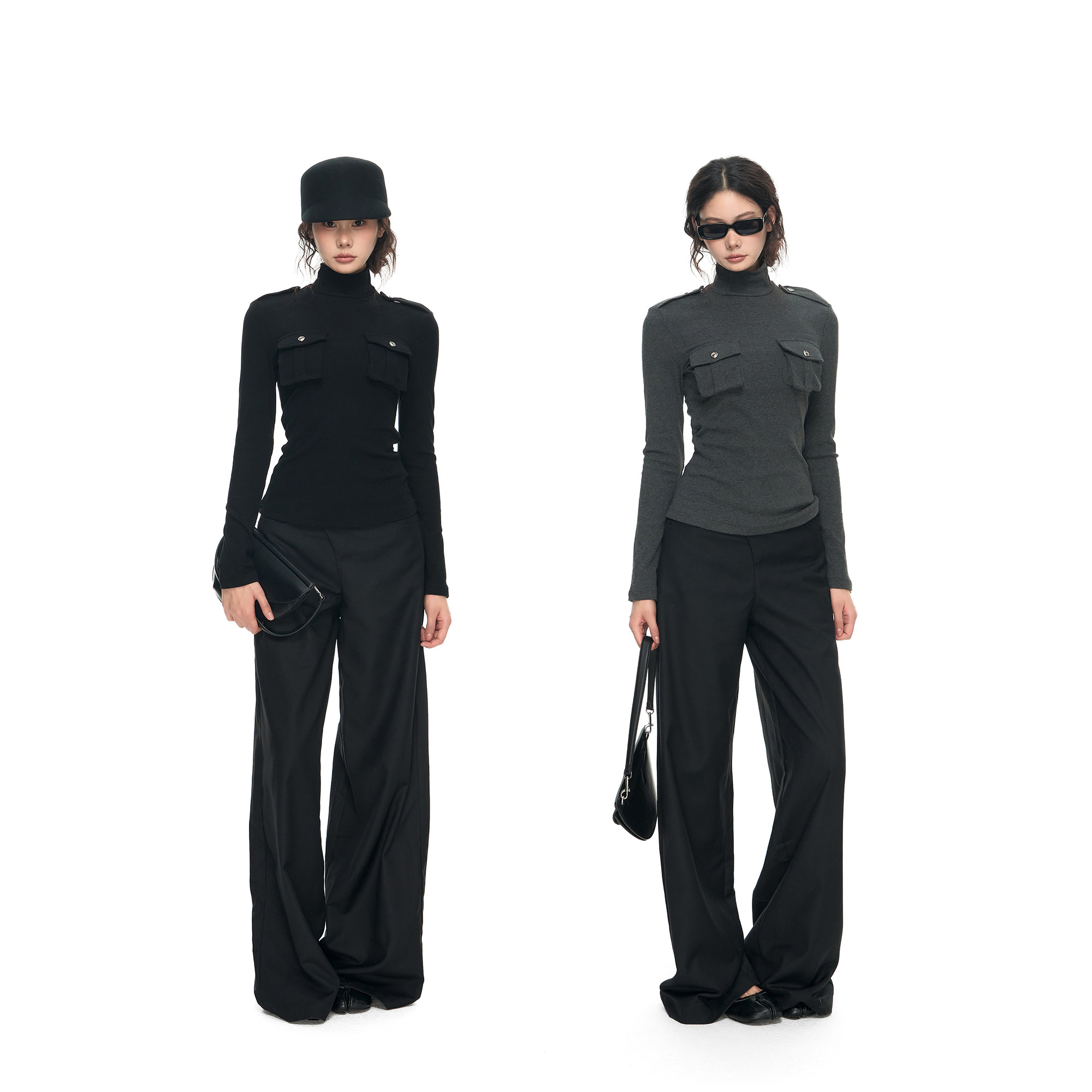 PEMPL&middot;复古纯色弹力修身工装长袖T恤胸前贴袋打底上衣