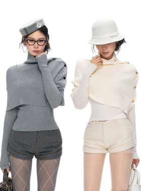 PEMPL ·白/灰 毛针织披肩法式高领荡领两穿高弹保暖披肩羊毛上衣