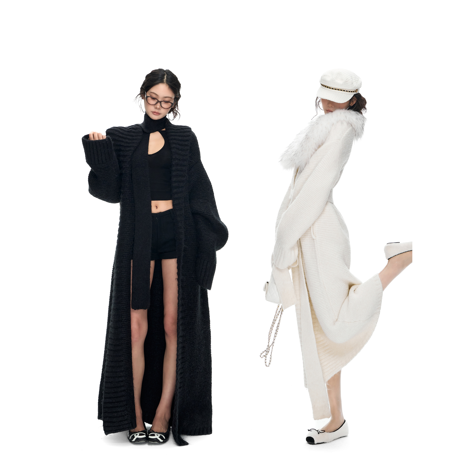 PEMPL 可拆卸毛领系带设计感长款针织开衫外套女保暖收腰羊毛大衣