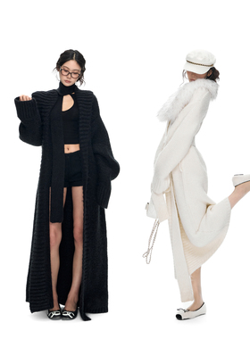 PEMPL 可拆卸毛领系带设计感长款针织开衫外套女保暖收腰羊毛大衣