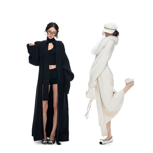 PEMPL 可拆卸毛领系带设计感长款针织开衫外套女保暖收腰羊毛大衣