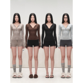 PEMPL 针织上衣 高级感修身 纯色亲肤弹力V领长袖 天丝T恤女休闲薄款