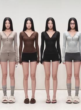 PEMPL 纯色亲肤弹力V领长袖天丝T恤女休闲薄款高级感修身针织上衣