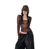 收腰显瘦上衣春百搭长袖 PEMPL·热带曼巴 微透大U领蛇纹打底衫 T恤