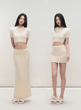 PEMPL 亲肤软糯修身马海毛POLO领上衣女包臀长裙子半身裙针织套装