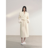 口毛毛拼接翻领羊毛大衣女系带收腰长款 PEMPL 设计感袖 毛呢外套