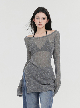 PEMPL 镂空烫钻一字领长袖开衩针织衫女夏季防晒薄罩衫空调衫上衣