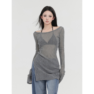 镂空烫钻一字领长袖 空调衫 开衩针织衫 防晒薄罩衫 上衣 女夏季 PEMPL