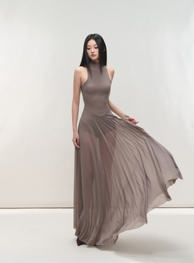 PEMPL 微透网纱拼接连衣裙修身立领针织背心长裙 连体内衬内搭