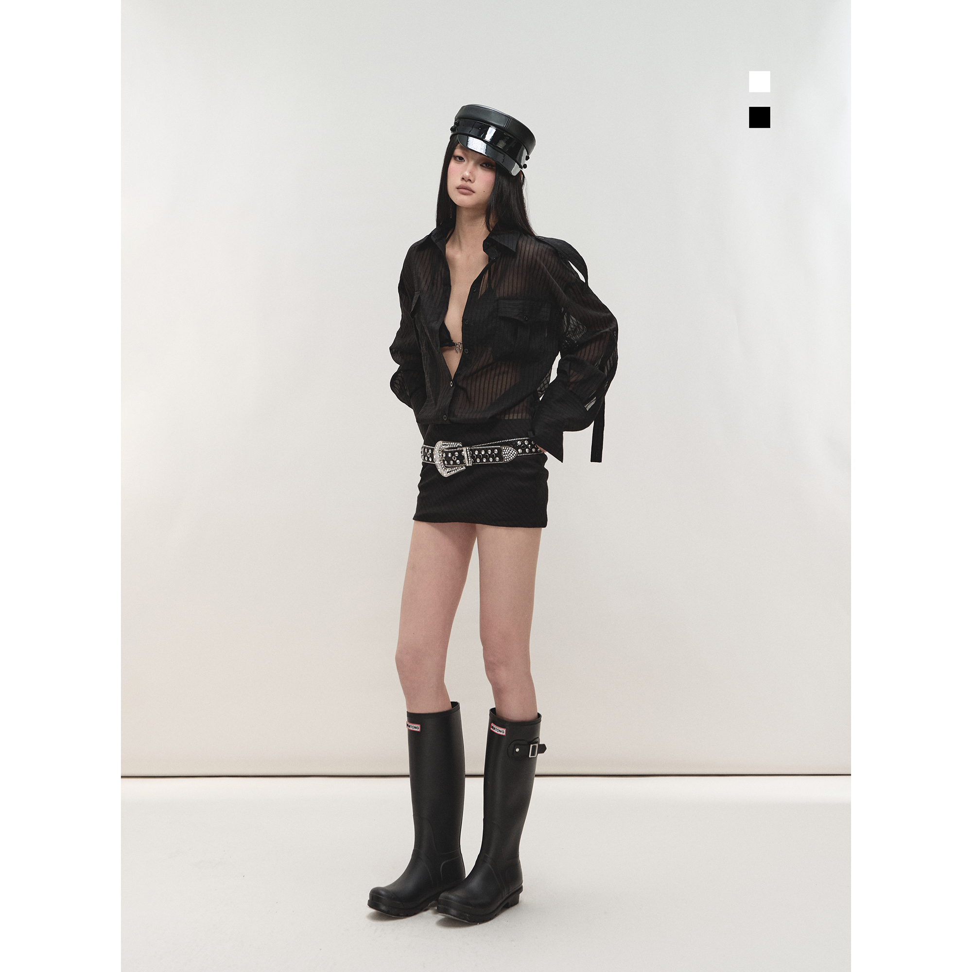 性感微透拼接衬衫裙女包臀连衣裙