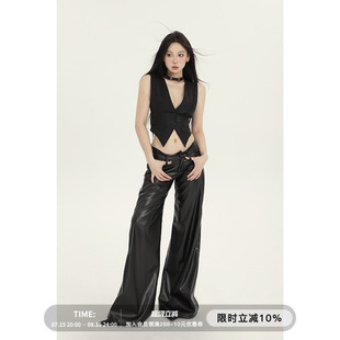 休闲裤 低腰皮裤 PEMPL 女春夏新款 宽松直筒阔腿裤 百搭气质PU皮长裤