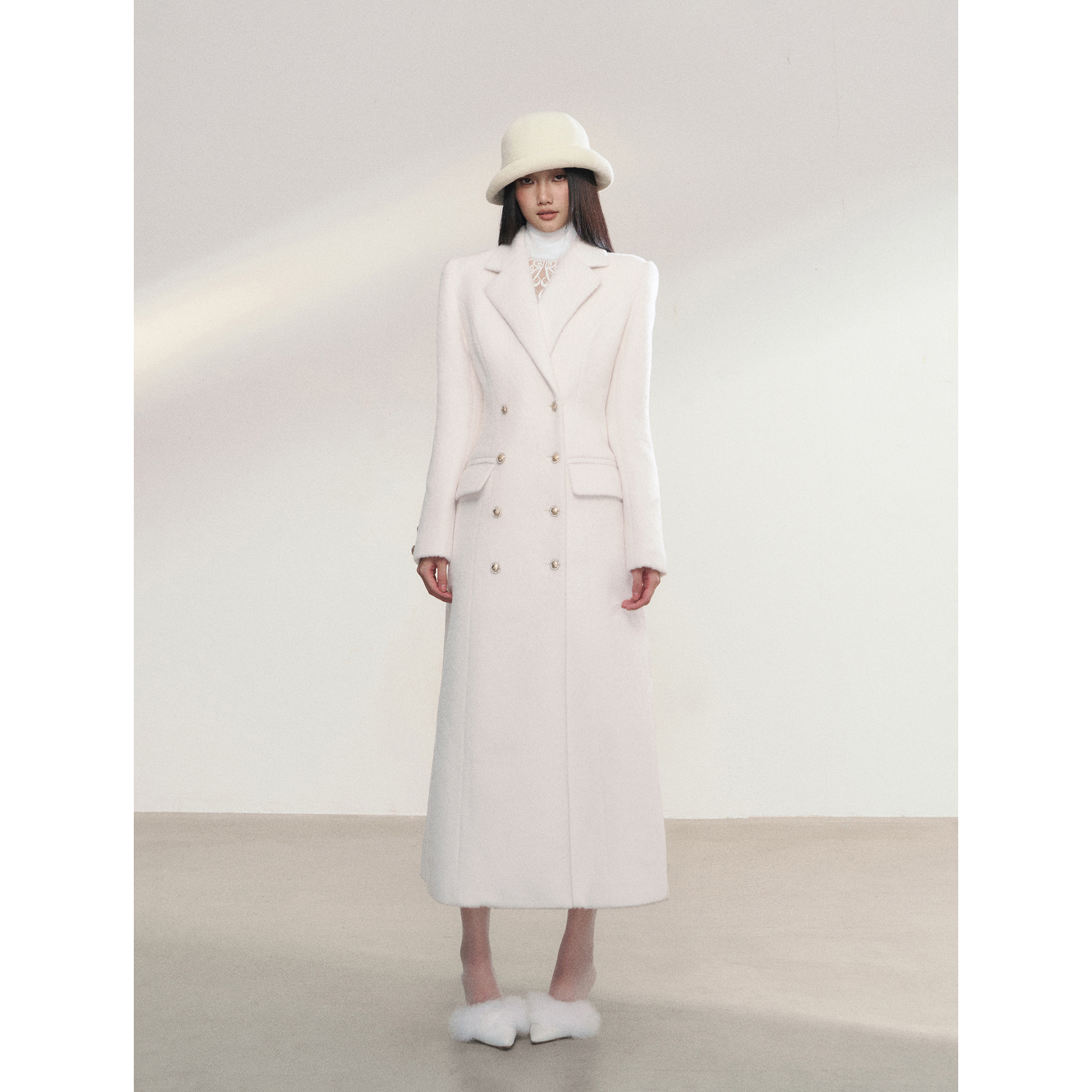 PEMPL· 白色西装领双排扣收腰毛呢外套女中长款宽松羊毛呢子大衣
