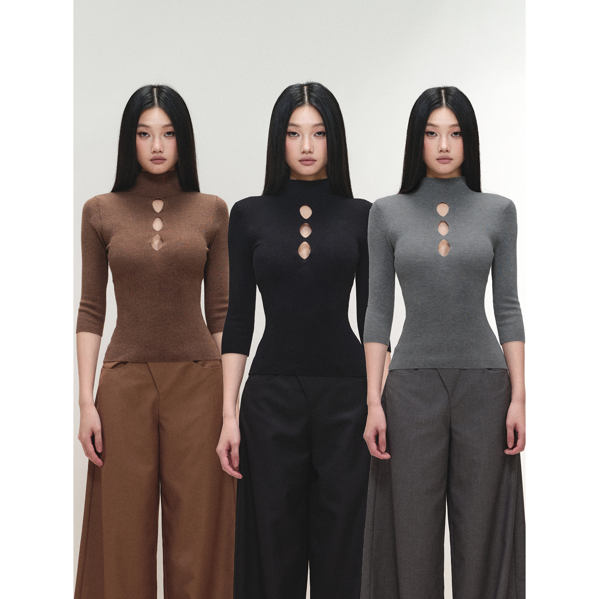 PEMPL·镂空水滴七分袖高领羊毛针织上衣弹力修身收腰百搭T恤女