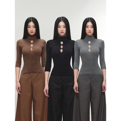 PEMPL·镂空水滴七分袖高领羊毛针织上衣弹力修身收腰百搭T恤女