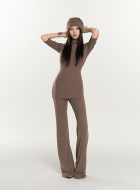PEMPL随意慵懒 棕色堆领弹力显瘦中袖上衣修身针织长裤套装脖套