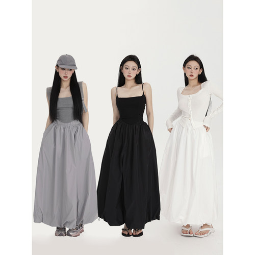 三色花苞裙运动风长裙