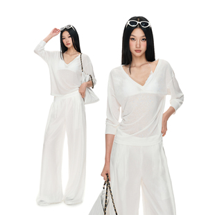 PEMPL莱赛尔混纺雪花透感大v领中袖套头罩衫七分袖宽松透感针织衫