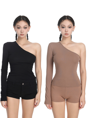 PEMPL 单肩打底衫女春夏新款修身显瘦内搭斜肩领长袖套头百搭上衣