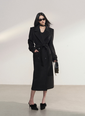 PEMPL 正肩西装领垫肩系带收腰毛呢外套女宽松黑色中长款呢子大衣
