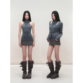 毛织弹力背心纽扣针织开衫 PEMPL·绞花设计高领修身 无袖 毛呢半裙