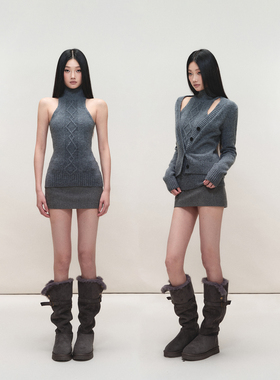 PEMPL·绞花设计高领修身无袖毛织弹力背心纽扣针织开衫毛呢半裙