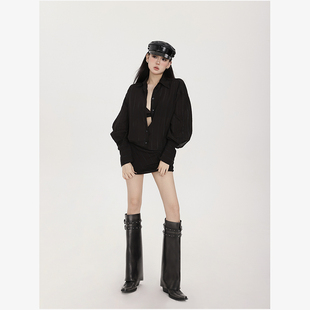 半透慵懒条纹都市摩登衬衫 PEMPL 新款 连衣裙女夏季 裙低腰黑色 长袖