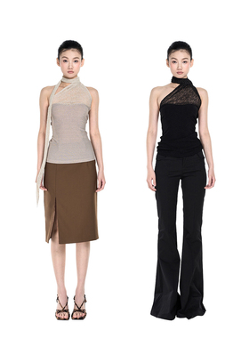 PEMPL·细闪蕾丝拼接抹胸上衣设计感修身弹力露背挂脖飘带