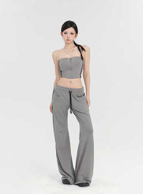 PEMPL 美式复古灰色运动休闲裤女夏季新款宽松直筒长裤辣妹阔腿裤