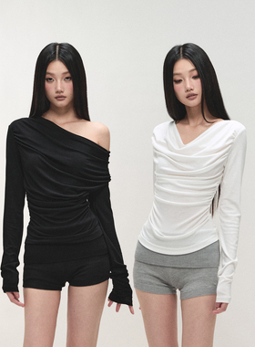 PEMPL 柔软弹力修身长袖天丝针织衫三穿设计感荡领斜肩一字肩上衣