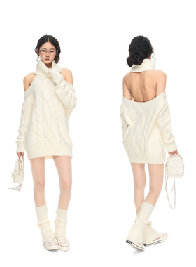 PEMPL原创设计正反两穿立体交织挖肩高领绞花毛衣宽松包臀连衣裙