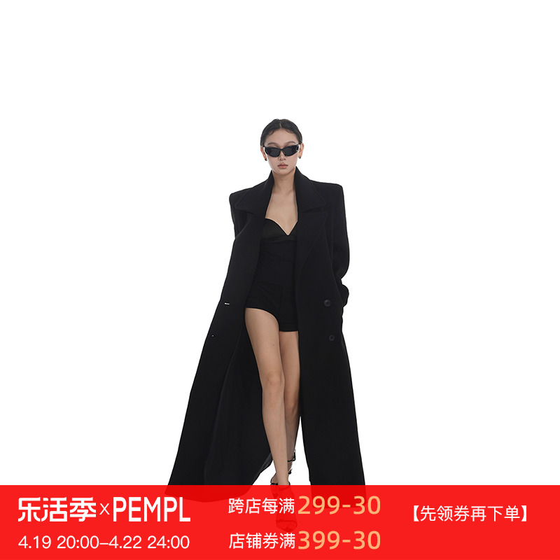 PEMPL 毛呢外套女秋冬新款黑色修身显瘦中长款双排扣呢大衣气质潮