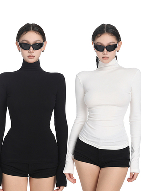 PEMPL长袖t恤女春季新款欧美风修身显瘦双色基础半高领内搭打底衫