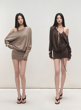 PEMPL 柔软亲肤斜肩两穿连衣裙女宽松系带针织性感露背包臀短裙子