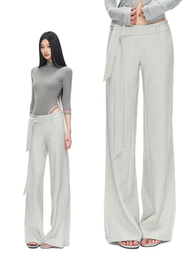 PEMPL 松弛感立体裁片阔腿休闲裤女垂感宽松飘带直筒西装裤