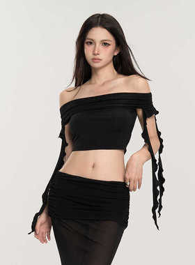 PEMPL一字肩飘带T恤女夏季新款纯欲辣妹风修身显瘦百搭短款上衣潮