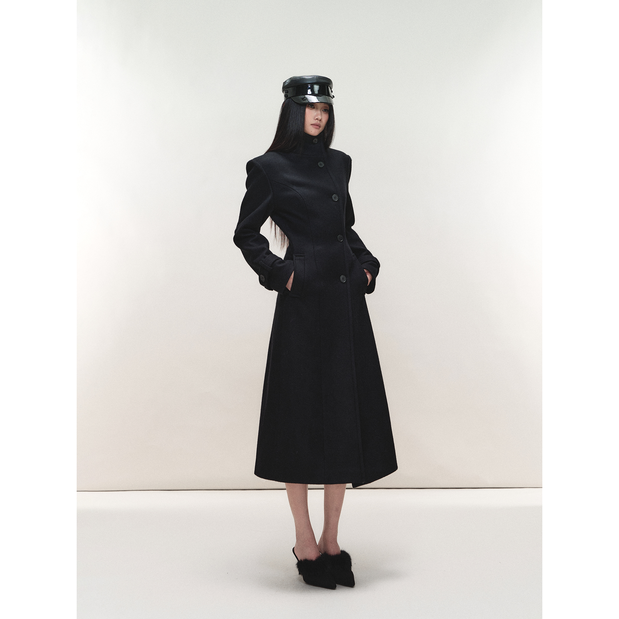 PEMPL·立领保暖修身长袖外套单排扣羊毛收腰长款毛呢大衣