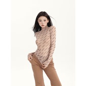 字母印花打底衫 女新款 肌肤感网纱半透薄款 PEMPL 堆堆领长袖 上衣潮