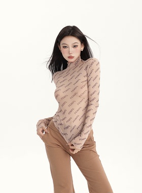 PEMPL 字母印花打底衫女新款肌肤感网纱半透薄款堆堆领长袖上衣潮