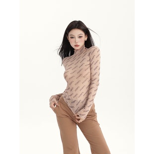 PEMPL 字母印花打底衫女新款肌肤感网纱半透薄款堆堆领长袖上衣潮