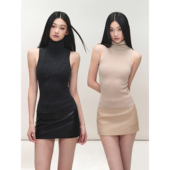 弹力无袖 PEMPL 高领修身 针织全羊毛背心上衣女PU弹力低腰包臀短裙