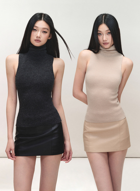 PEMPL 高领修身弹力无袖针织全羊毛背心上衣女PU弹力低腰包臀短裙