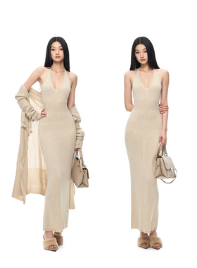 PEMPL 姐系轻熟感弹力修身挂脖包臀鱼尾连衣裙女外搭针织开衫套装