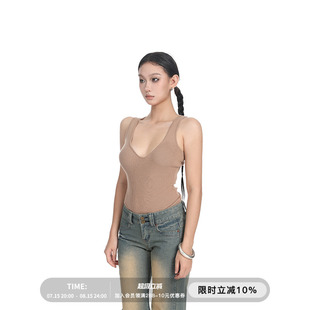 棕色针织贴肤垂感低U领百搭上衣修身 PEMPL背心女春夏新款 显瘦内搭