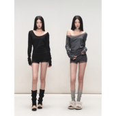 亲肤弹力宽松斜肩长袖 针织衫 后背荡领上衣网纱拼接短裤 PEMPL 套装