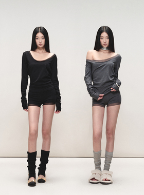 PEMPL 亲肤弹力宽松斜肩长袖针织衫后背荡领上衣网纱拼接短裤套装